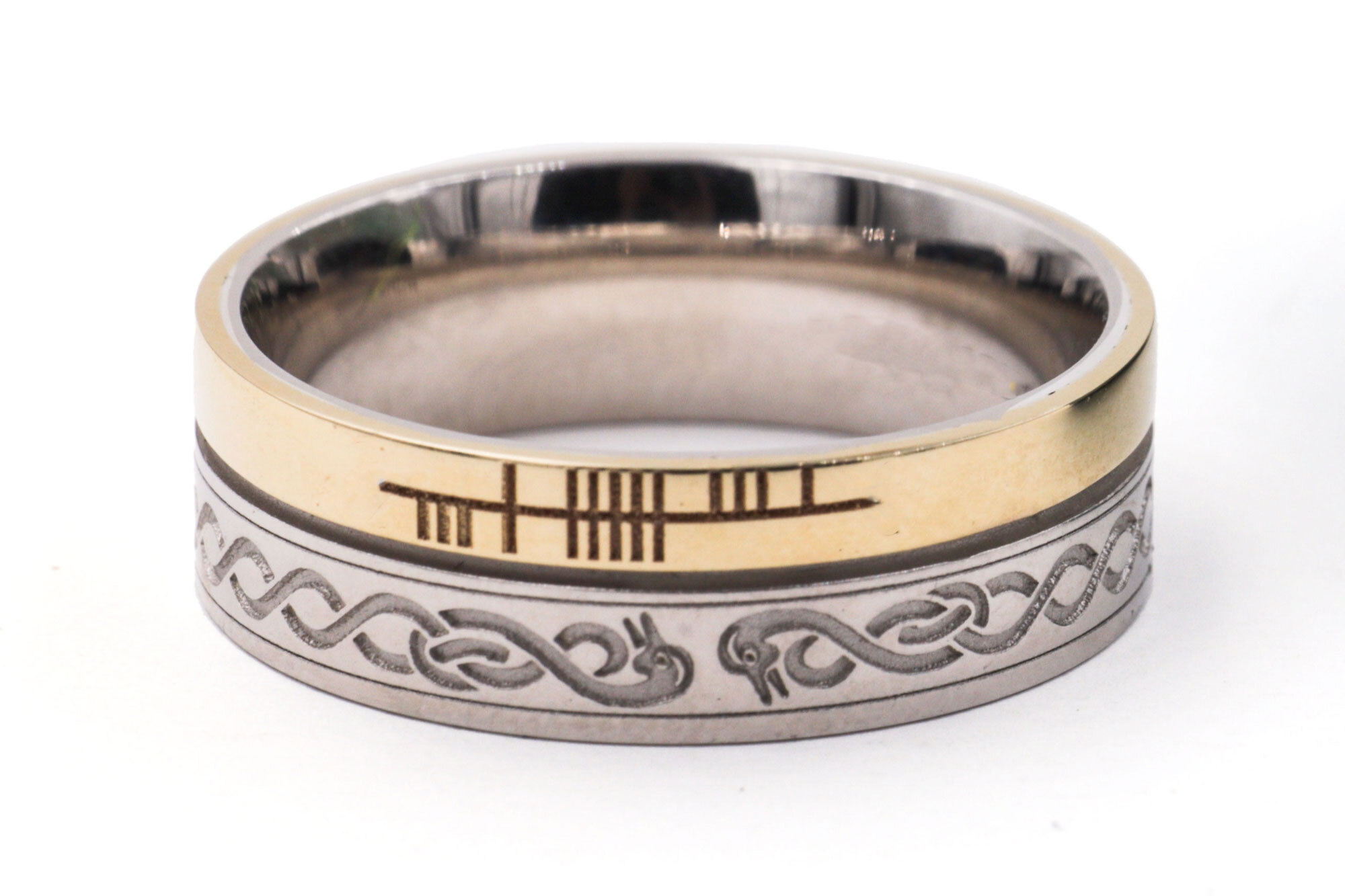 Irish Florentine White Gold & Yellow Gold Ogham 7.3mm Ring