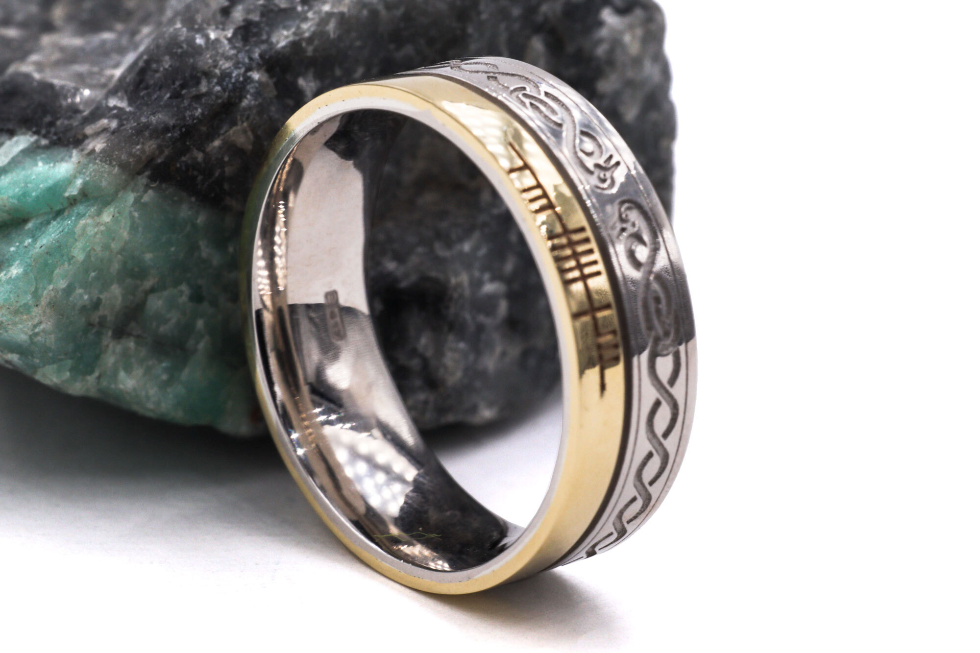 Real White Gold & Yellow Gold Ogham & Celtic Knot 7.3mm Ring With a Florentine Finish
