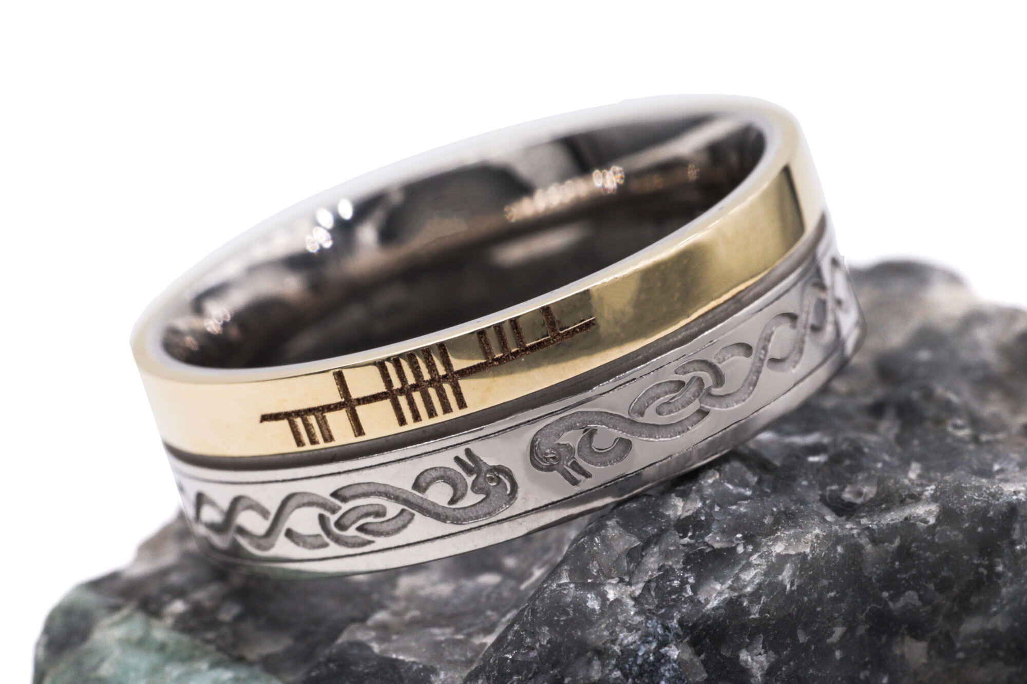 Attractive White Gold & Yellow Gold Ogham & Celtic Knot 7.3mm Ring With a Florentine Finish