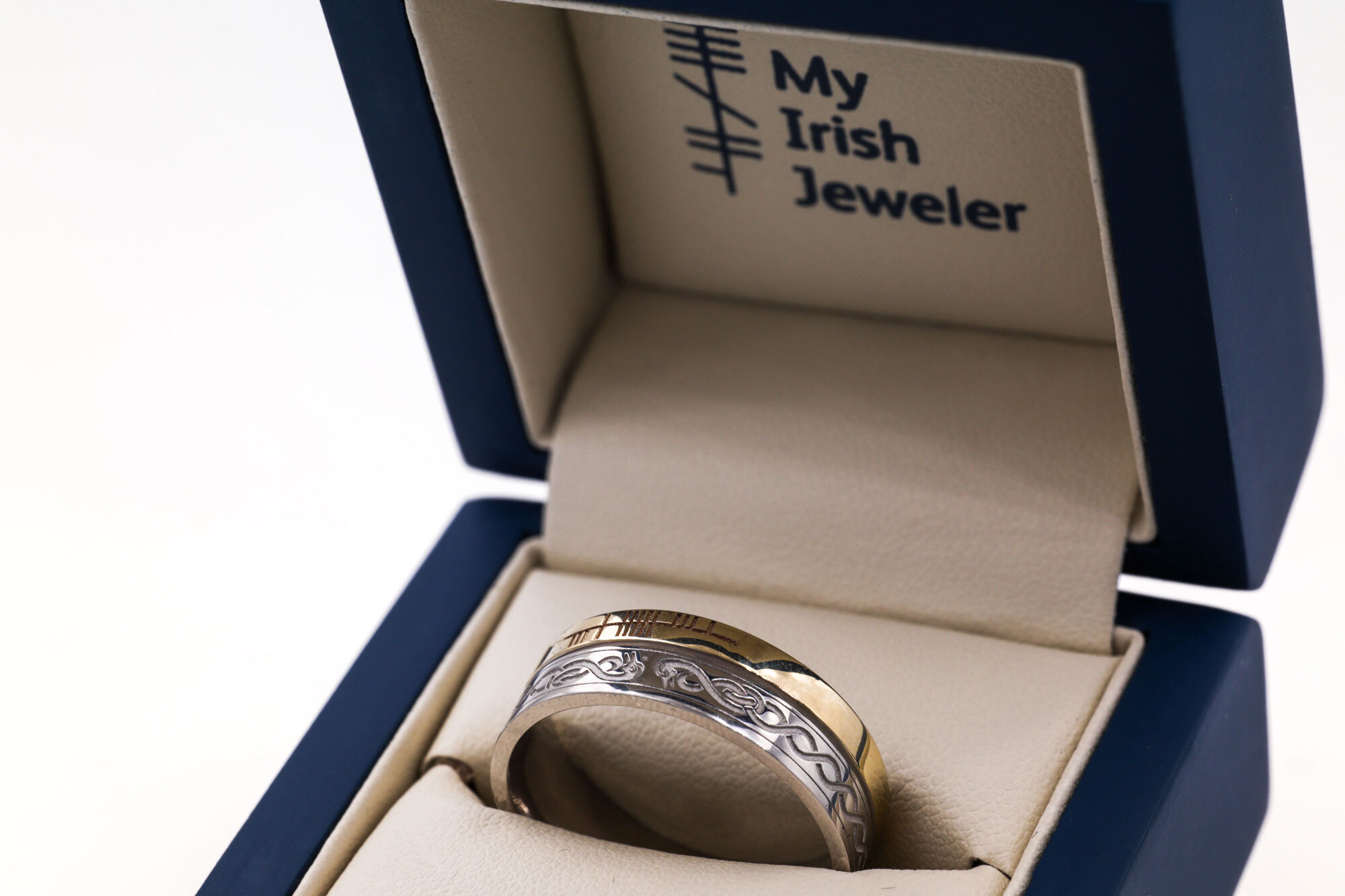 Authentic 14K White Gold & Yellow Gold Ogham & Celtic Knot 7.3mm Ring With a Florentine Finish. In Luxury Packaging.