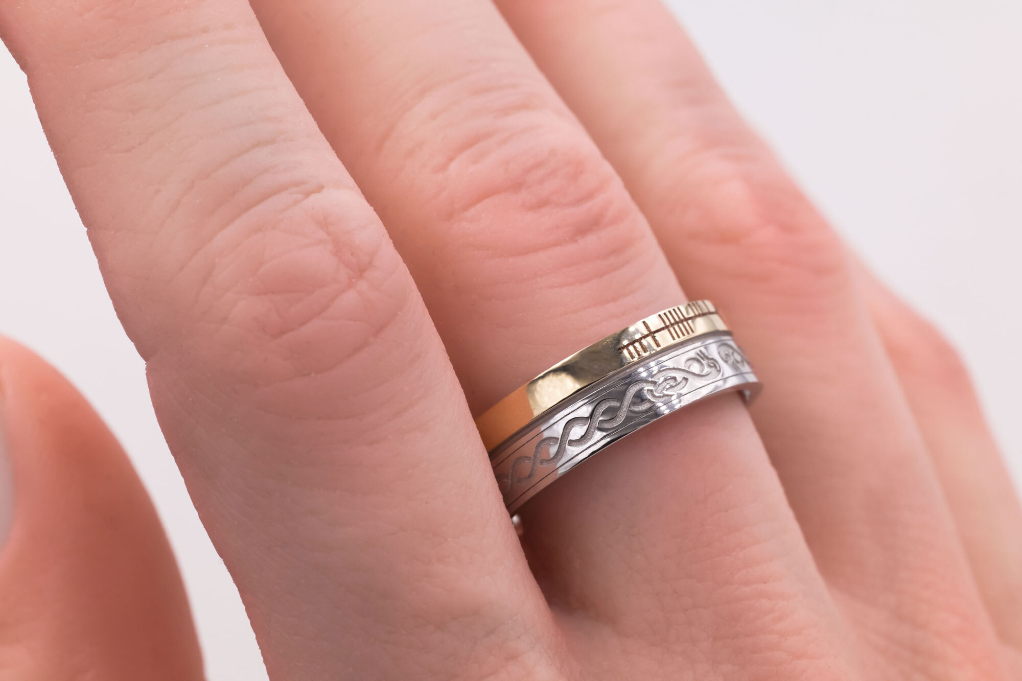 Real Florentine 14K White Gold & Yellow Gold Ogham & Celtic Knot 7.3mm Ring - Model Photo