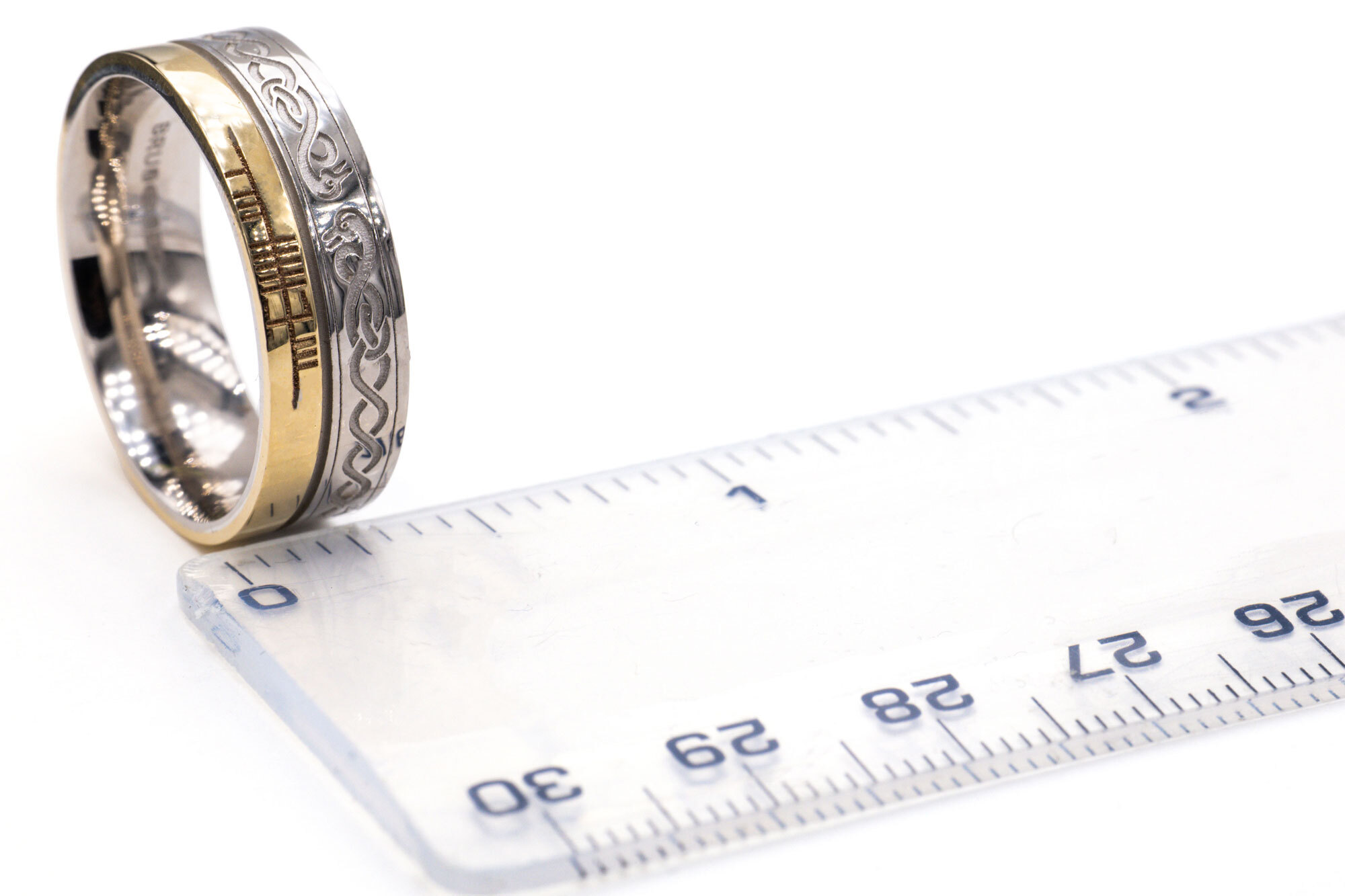 Irish 14K White Gold & Yellow Gold Ogham Ring With a Florentine Finish