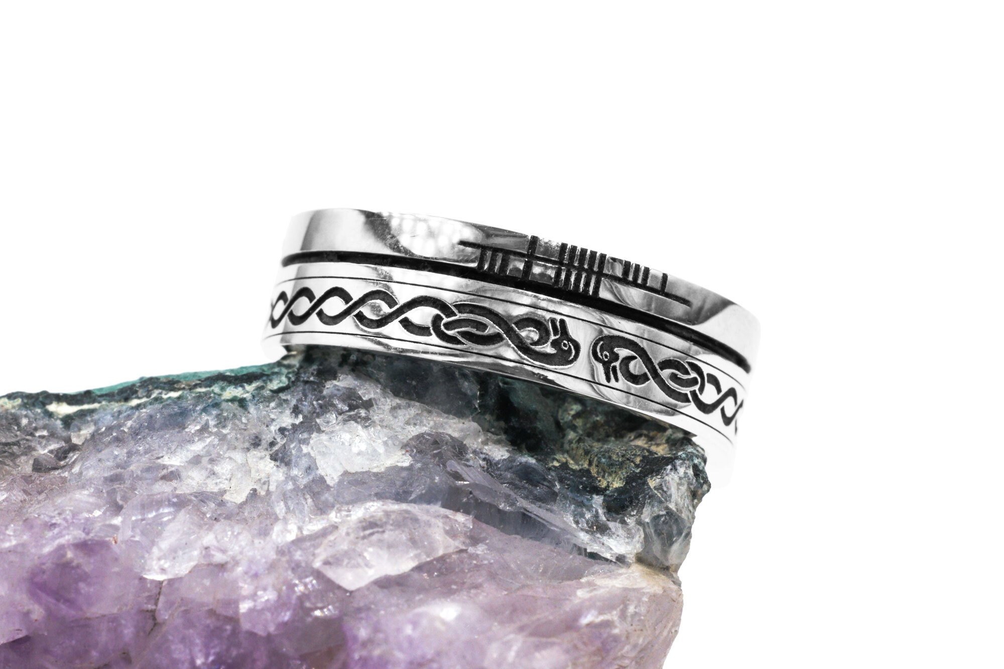 Irish Sterling Silver Ogham & Celtic Knot 7.3mm Ring With a Oxidised Finish