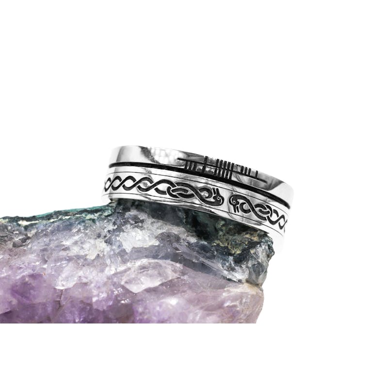 Irish Sterling Silver Ogham & Celtic Knot 7.3mm Ring With a Oxidized Finish