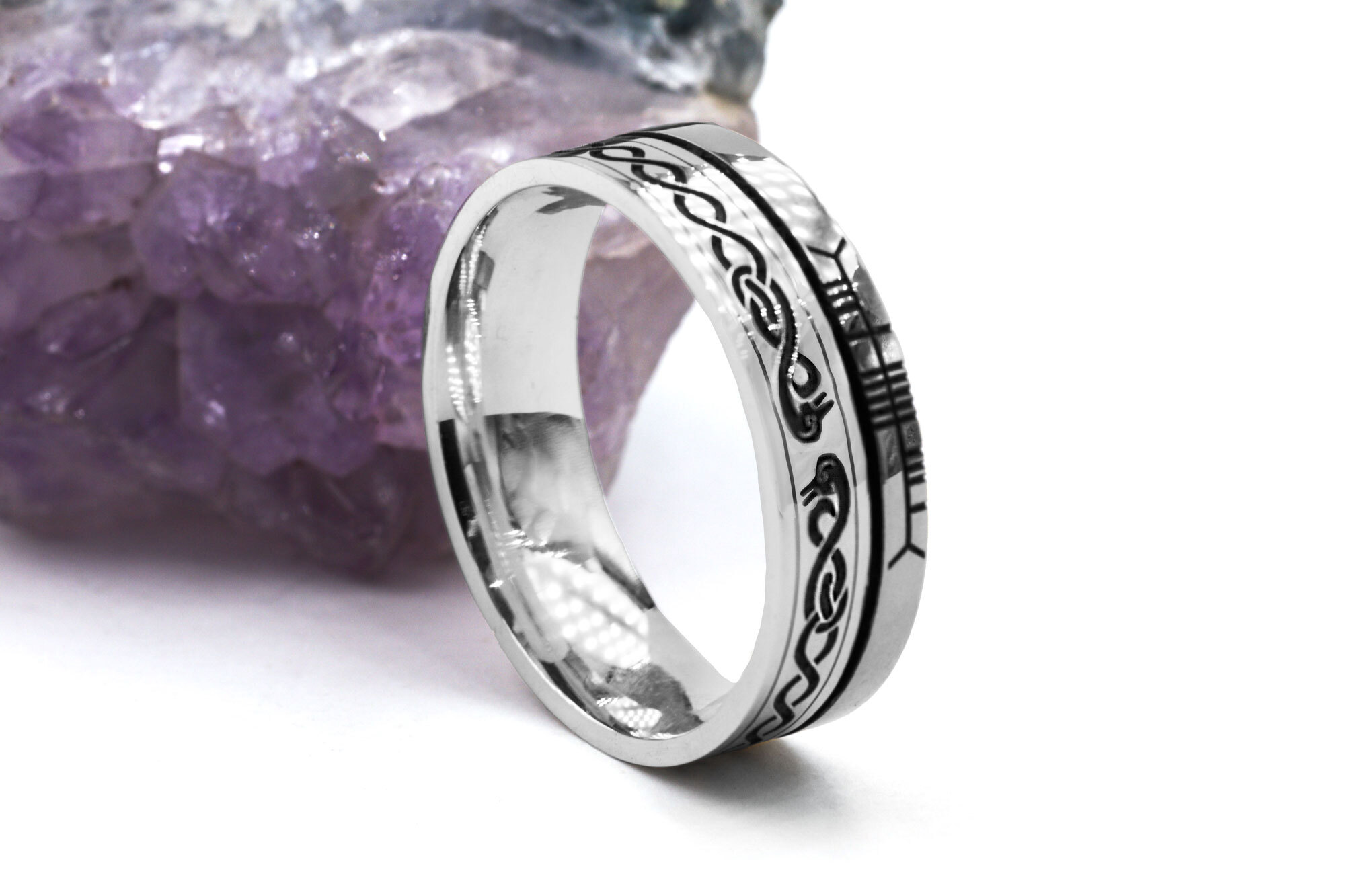 Irish Sterling Silver Ogham Wedding Ring With a Oxidised Finish