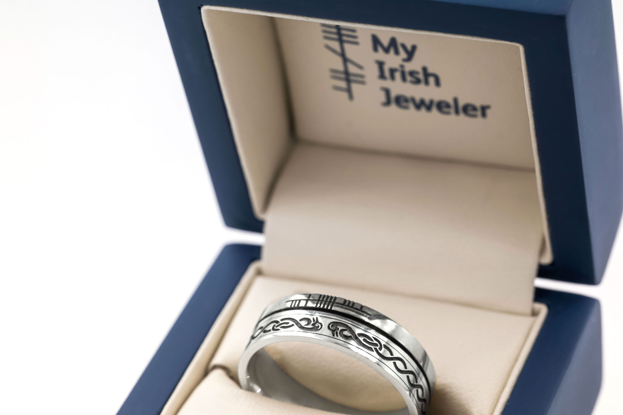 Genuine Oxidised Sterling Silver Ogham Wedding Ring. In Luxury Packaging.