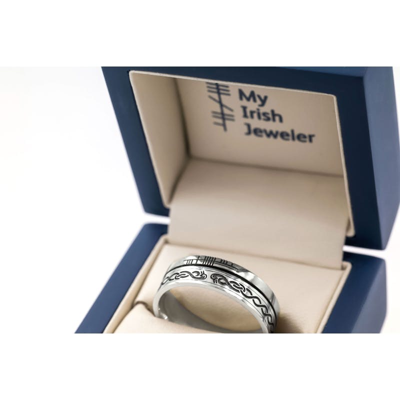 Genuine Oxidized Sterling Silver Ogham Wedding Ring. In Luxury Packaging.