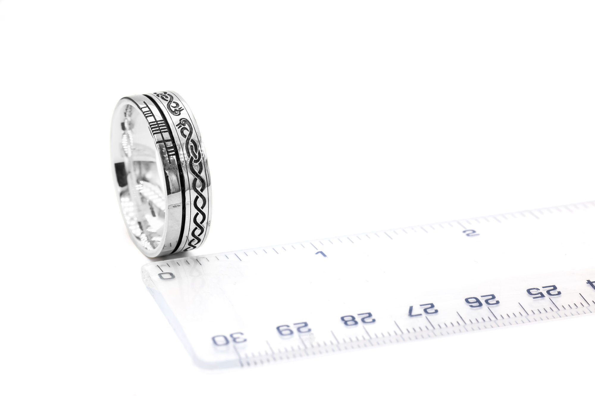 Striking Sterling Silver Ogham Wedding Ring With a Oxidised Finish