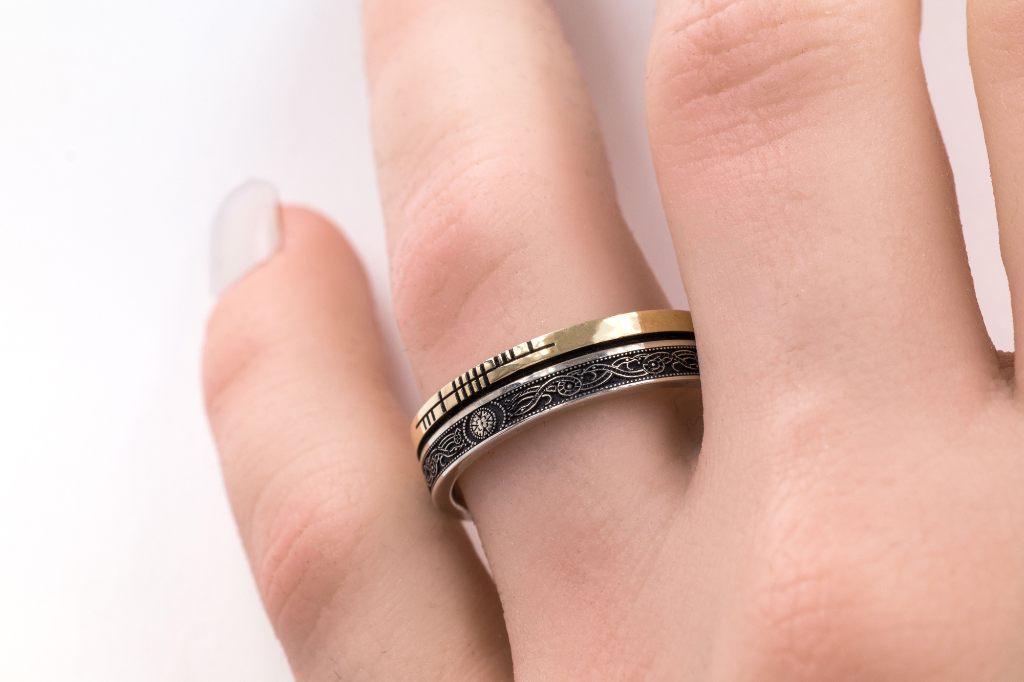 Attractive Sterling Silver & 10K Yellow Gold Ogham & Celtic Warrior 5.2mm Ring With a Oxidised Finish - Model Photo