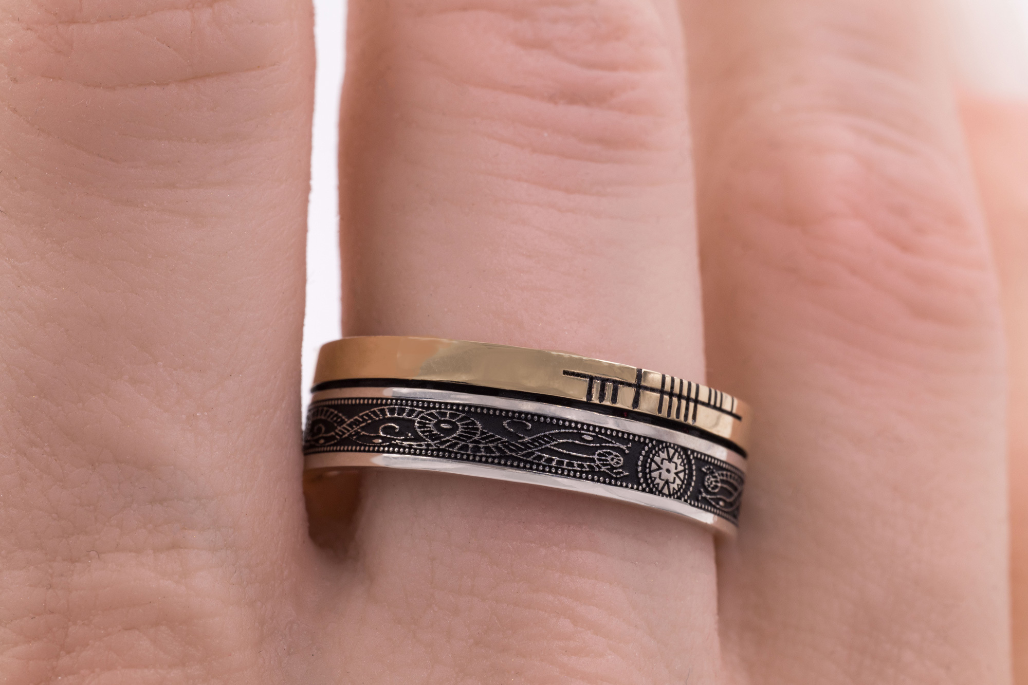 Real Sterling Silver & 10K Yellow Gold Ogham Engravable 5.2mm Ring With a Oxidised Finish - Model Photo