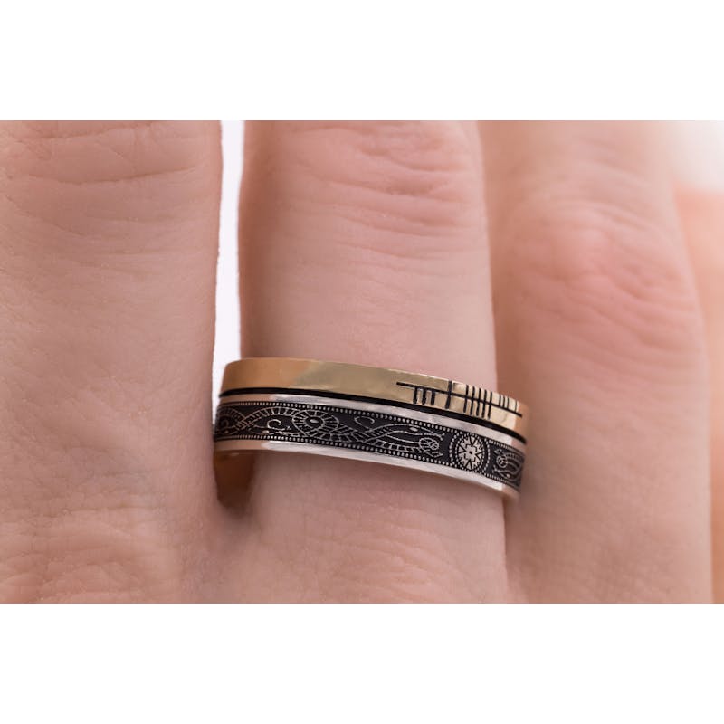 Real Sterling Silver & 10K Yellow Gold Ogham Engravable 5.2mm Ring With a Oxidized Finish - Model Photo