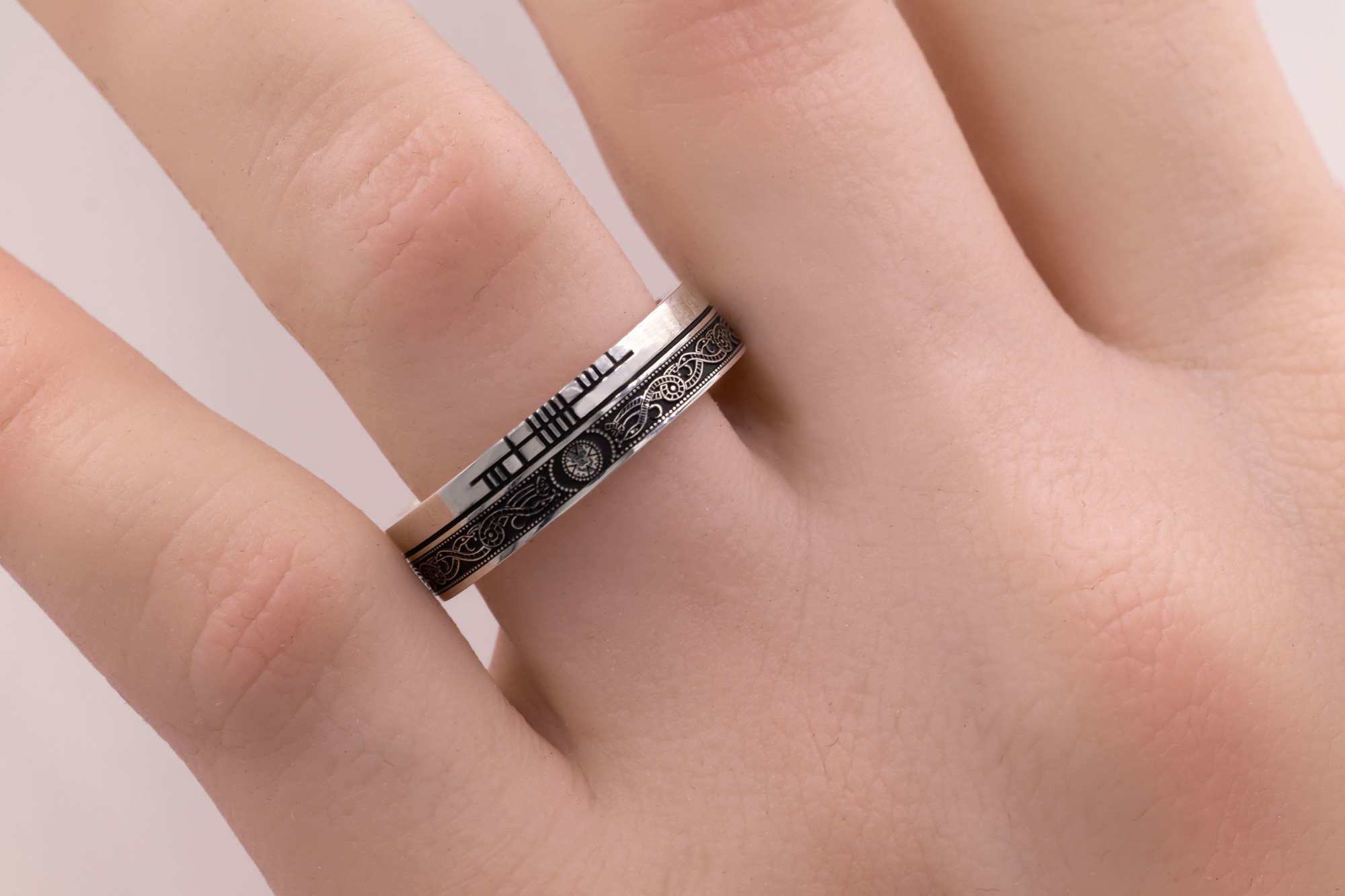 Real Oxidized Sterling Silver Ogham & Celtic Warrior Customizable Wedding Ring - Model Photo