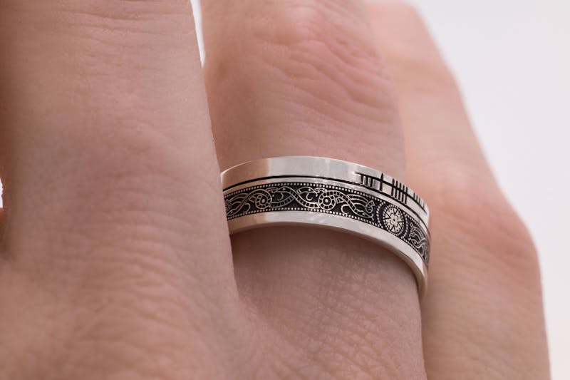 Ogham & Celtic Warrior Ring in Sterling Silver With a Oxidized Finish - Model Photo