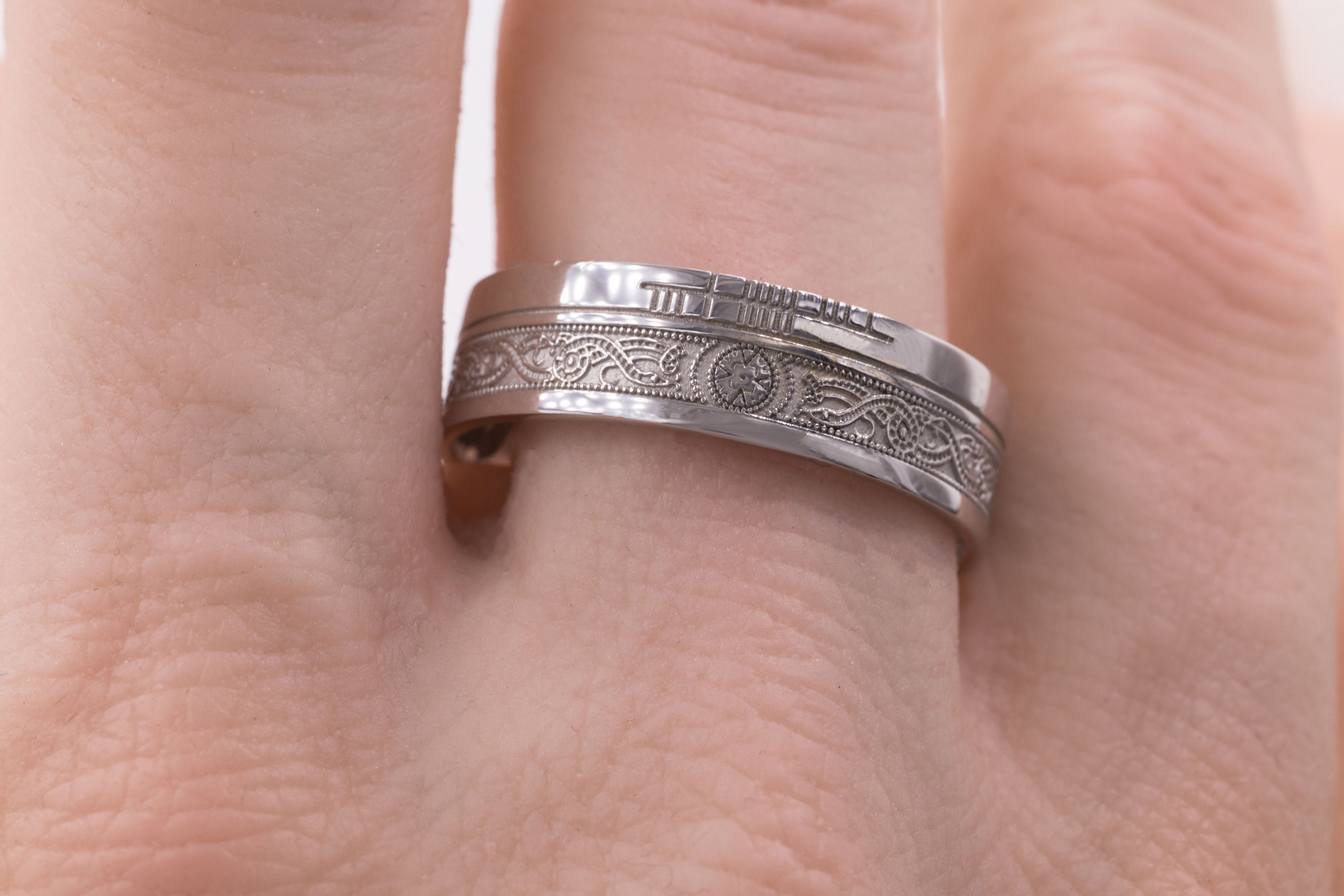 Real Platinum 950 Ogham & Celtic Warrior 5.2mm Ring With a Florentine Finish - Model Photo