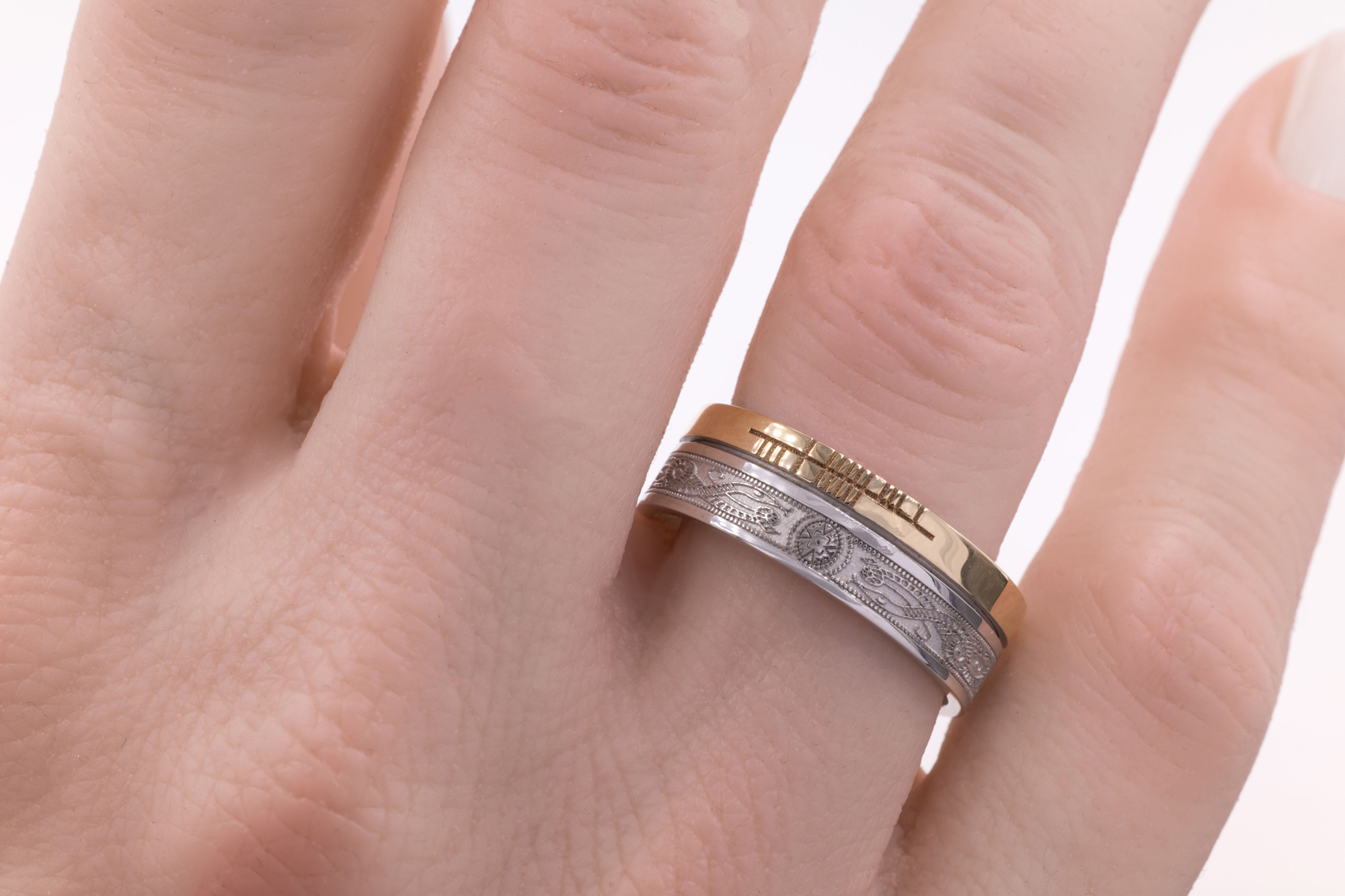 Attractive 10K White Gold & Yellow Gold Ogham 5.2mm Ring With a Florentine Finish - Model Photo