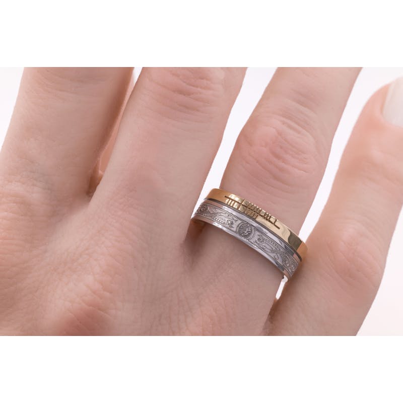 Attractive 10K White Gold & Yellow Gold Ogham 5.2mm Ring With a Florentine Finish - Model Photo