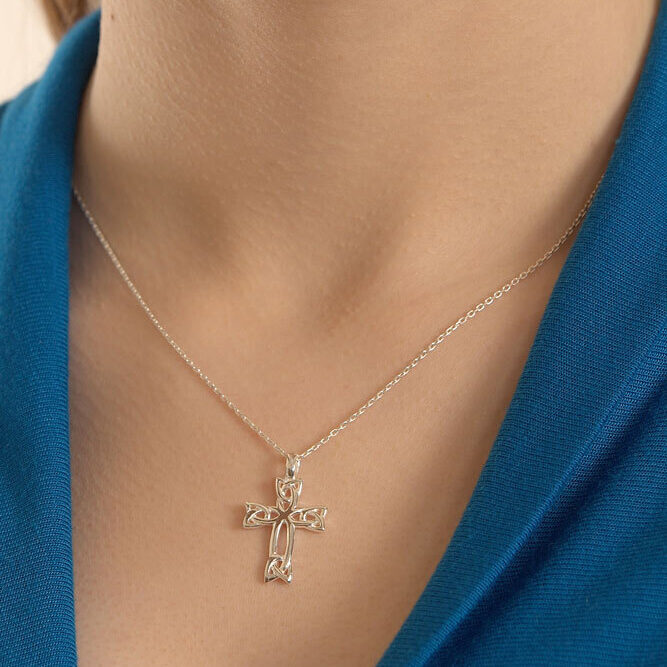 Irish Sterling Silver Celtic Cross Necklace For Women - Model Photo