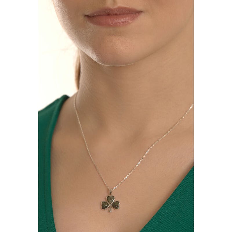 Womens Shamrock & Connemara Marble Necklace in Real Sterling Silver - Model Photo