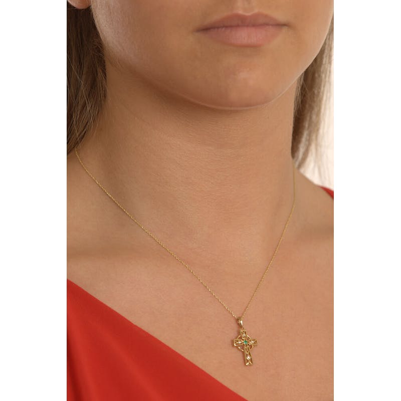 Authentic 14K Yellow Gold Celtic Cross Necklace For Women - Model Photo