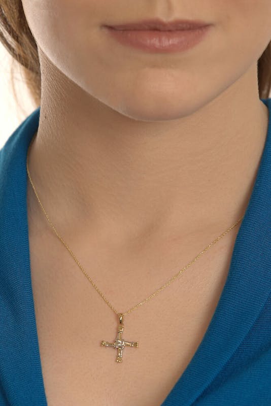 Womens Real Yellow Gold St Brigids Cross Necklace - Model Photo