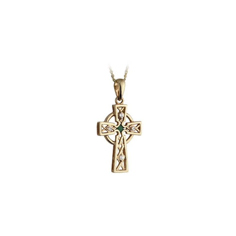 14K Gold Celtic Cross set with Real Emerald and Diamonds