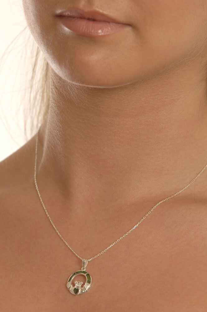 Womens Genuine Sterling Silver Claddagh Necklace - Model Photo