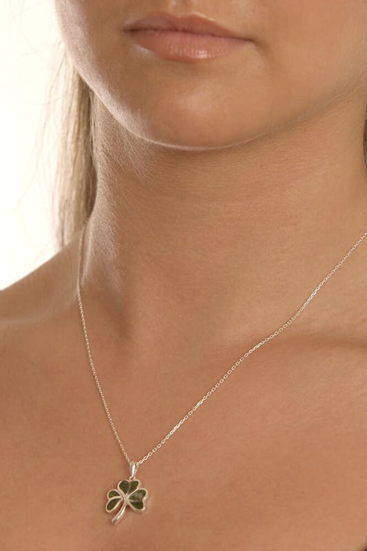 Womens Sterling Silver Shamrock & Connemara Marble Necklace - Model Photo
