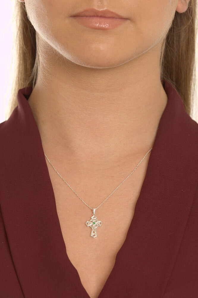 Womens Celtic Cross Necklace in Real Sterling Silver - Model Photo