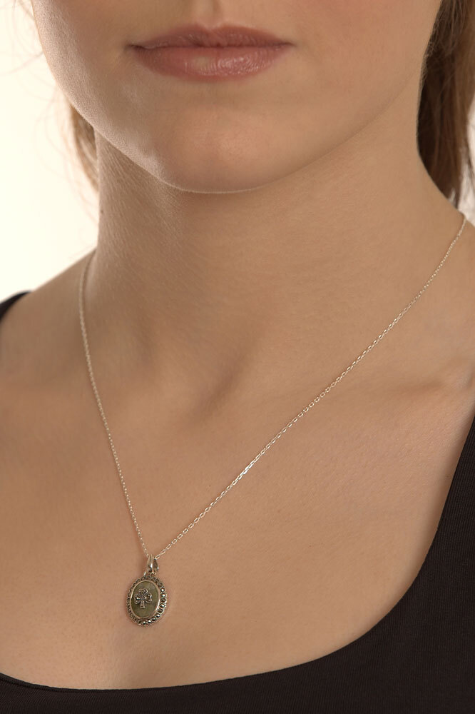 Real Sterling Silver Shamrock & Connemara Marble Necklace For Women - Model Photo