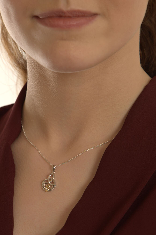 Attractive Sterling Silver & Yellow Gold Claddagh Necklace For Women - Model Photo