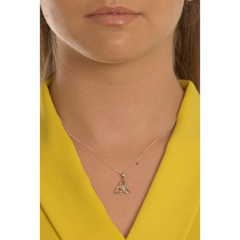 Gorgeous Sterling Silver & Yellow Gold Trinity Knot Necklace For Women - Model Photo