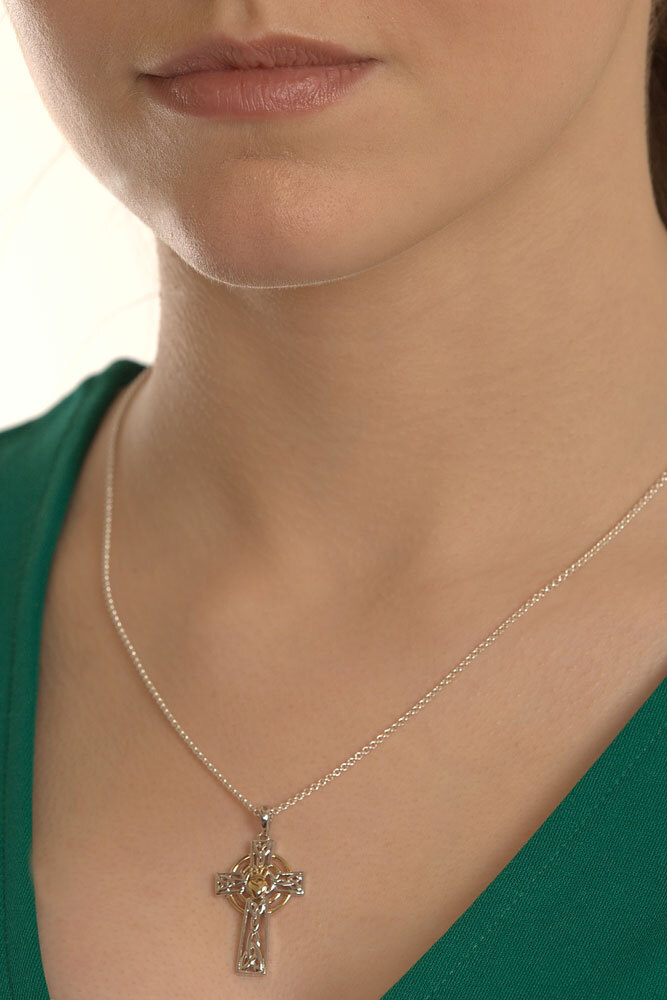 Irish Sterling Silver & Yellow Gold Celtic Cross & Claddagh Necklace For Women - Model Photo