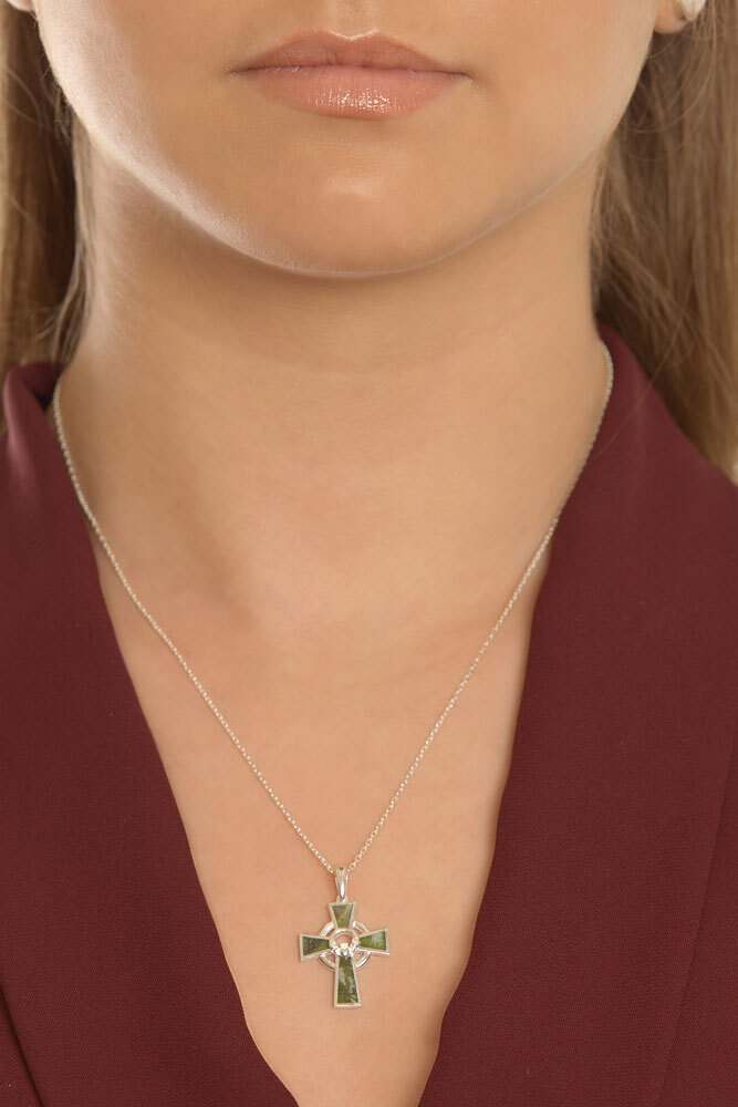 Womens Celtic Cross & Claddagh Necklace in Sterling Silver - Model Photo