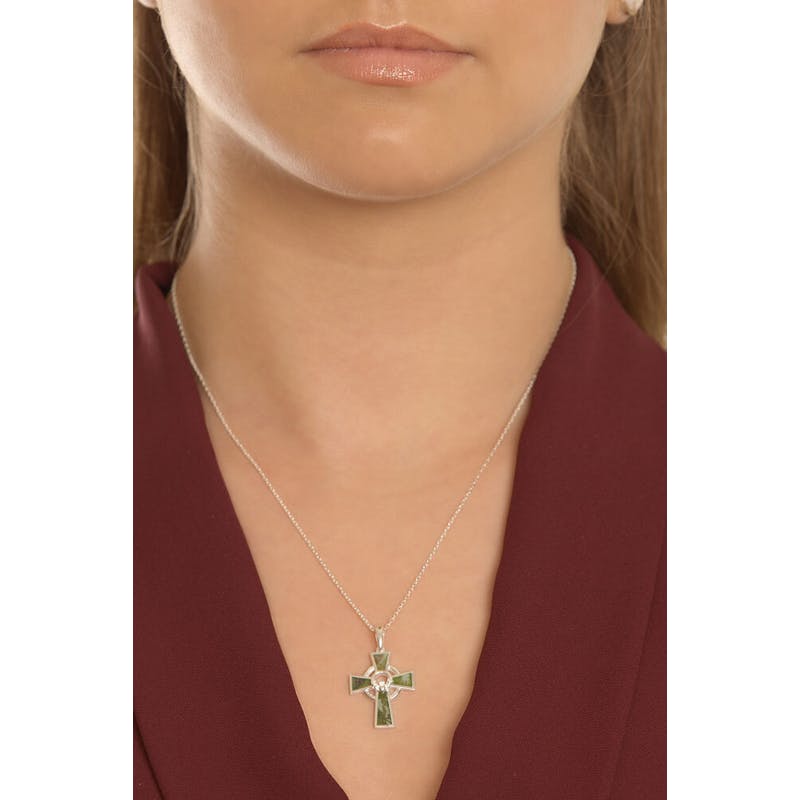 Womens Celtic Cross & Claddagh Necklace in Sterling Silver - Model Photo