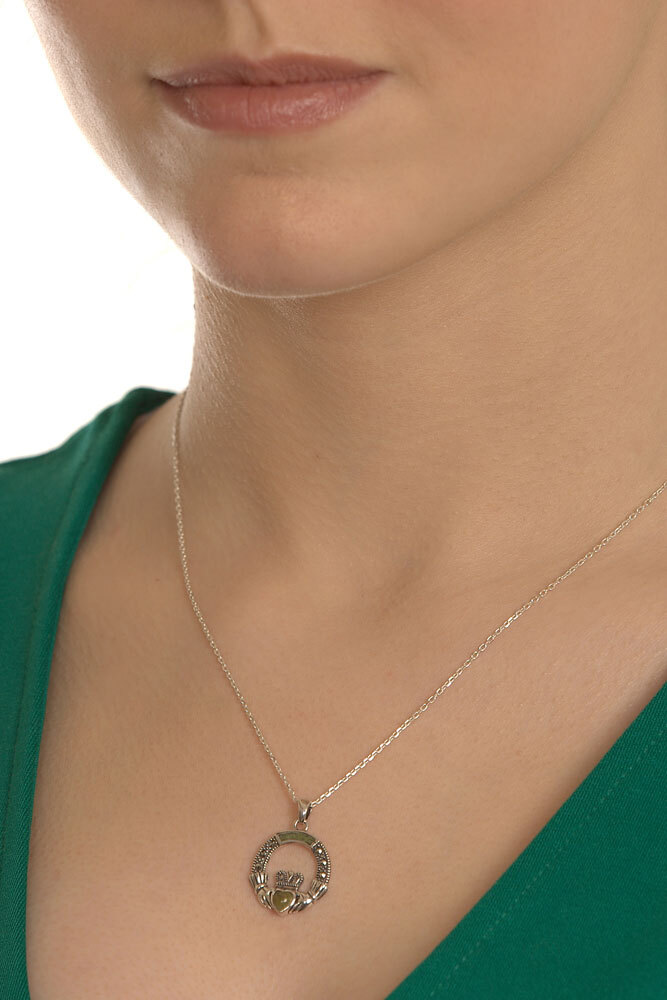 Womens Genuine Sterling Silver Claddagh & Connemara Marble Necklace - Model Photo