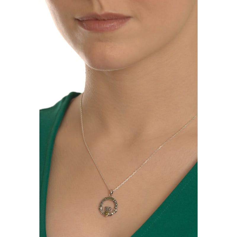 Womens Genuine Sterling Silver Claddagh & Connemara Marble Necklace - Model Photo