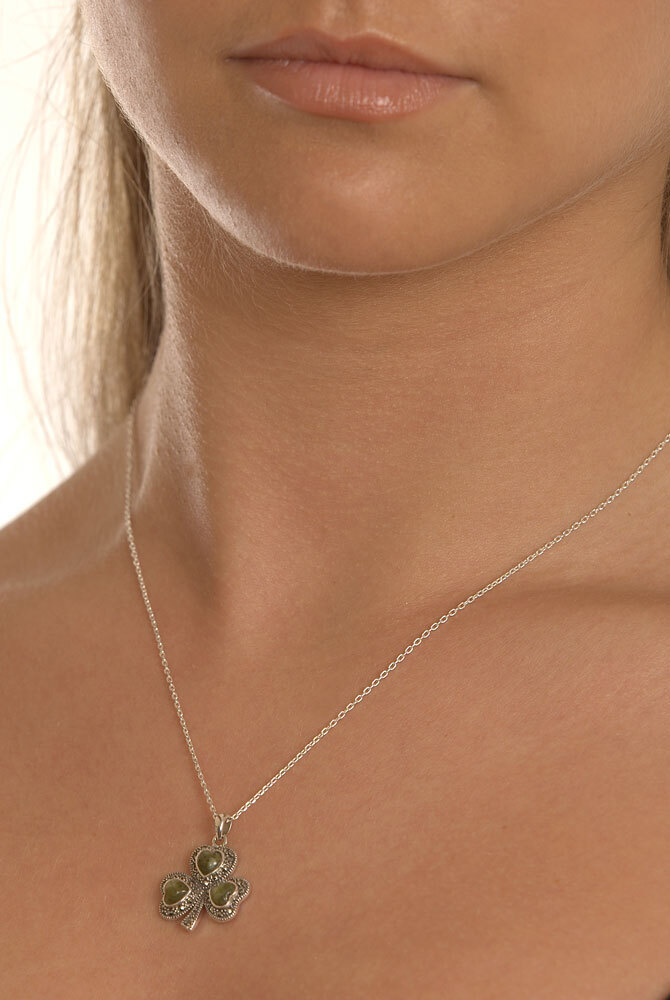 Gorgeous Sterling Silver Shamrock & Connemara Marble Necklace For Women - Model Photo