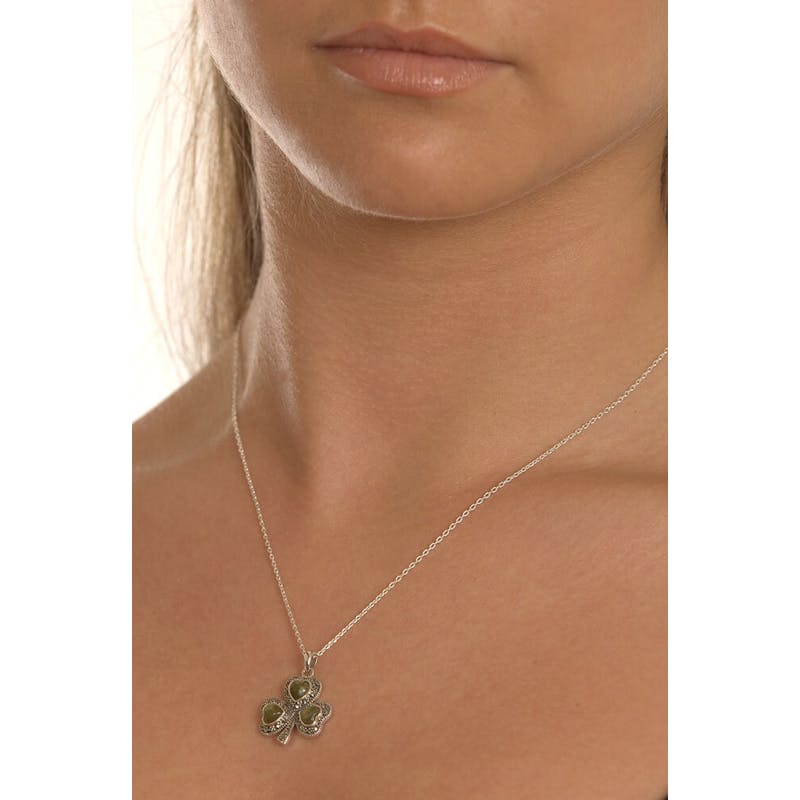 Gorgeous Sterling Silver Shamrock & Connemara Marble Necklace For Women - Model Photo
