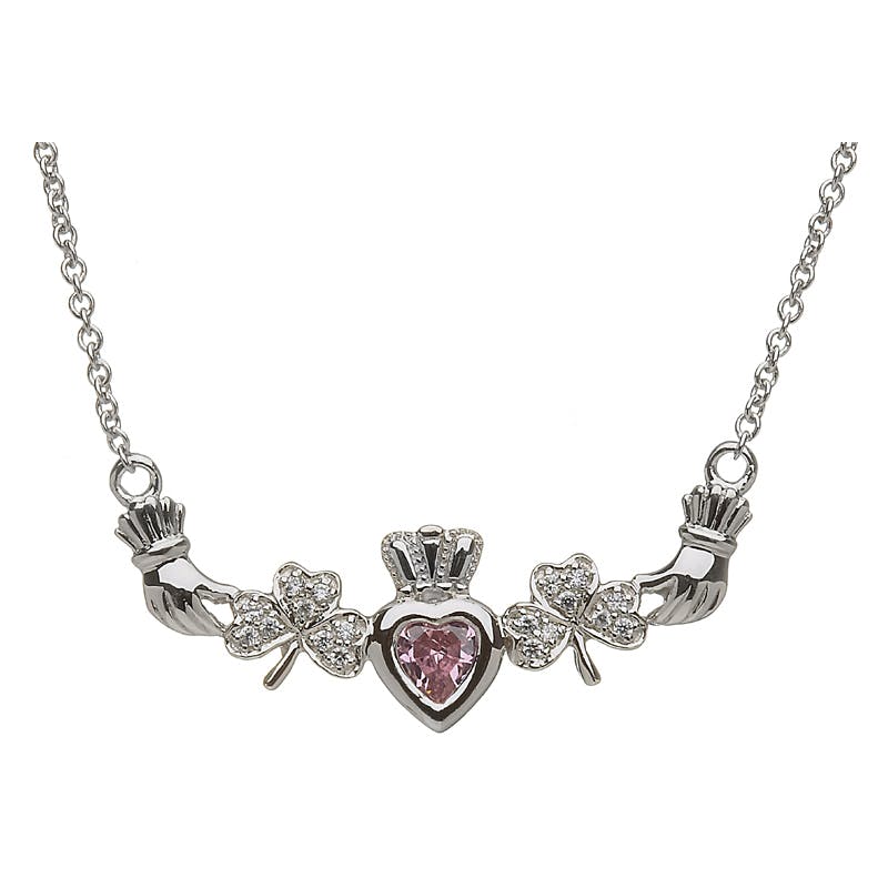 Gorgeous Sterling Silver Claddagh & Birthstone & Shamrock Necklace For Women