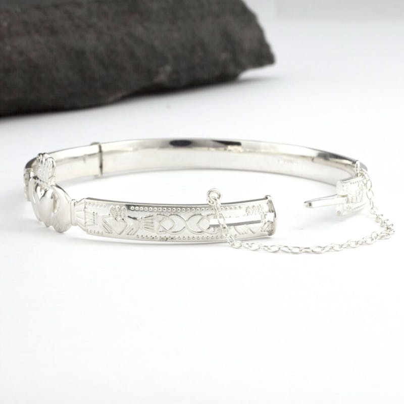 Womens Claddagh Bracelet in Real Sterling Silver. Side View.