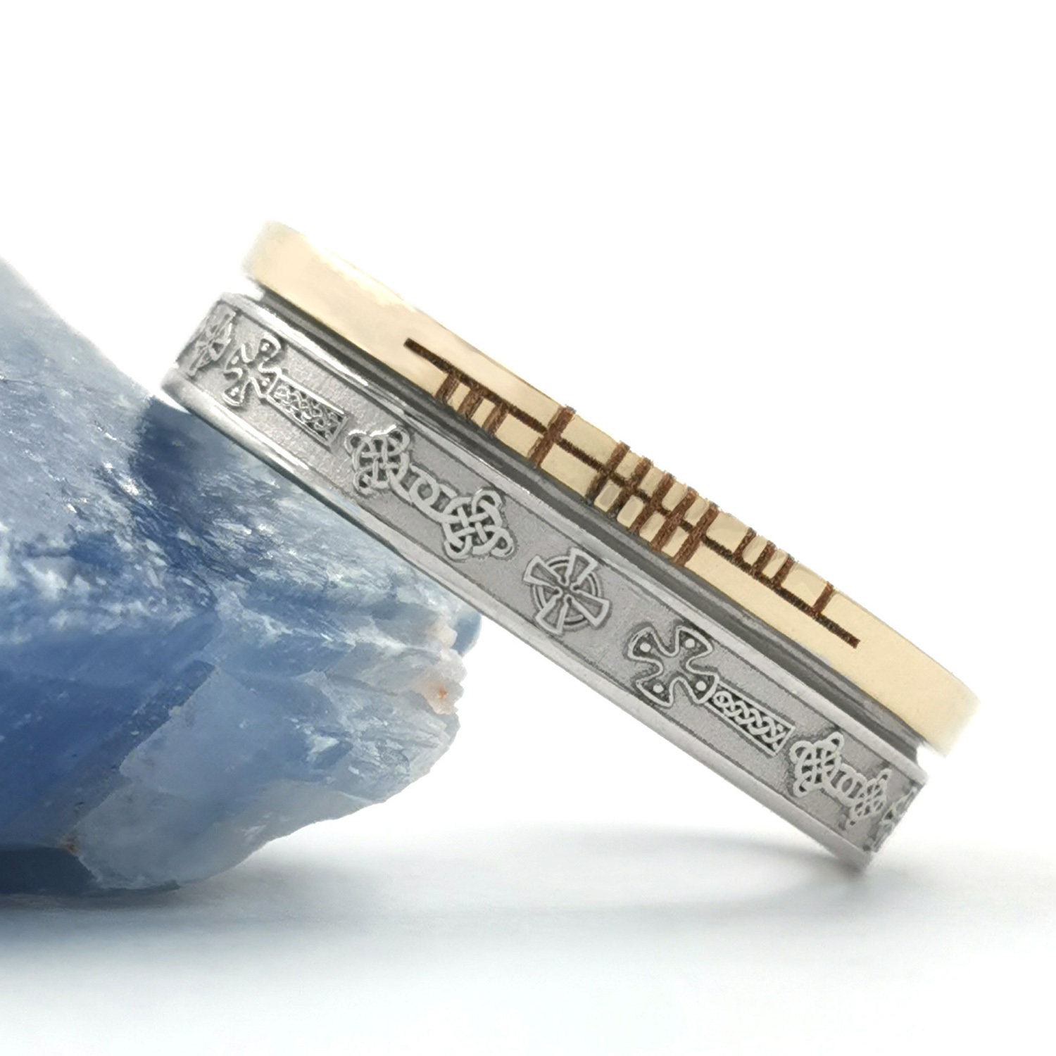 Florentine White Gold & Yellow Gold Celtic Cross & Ogham 5.2mm Ring