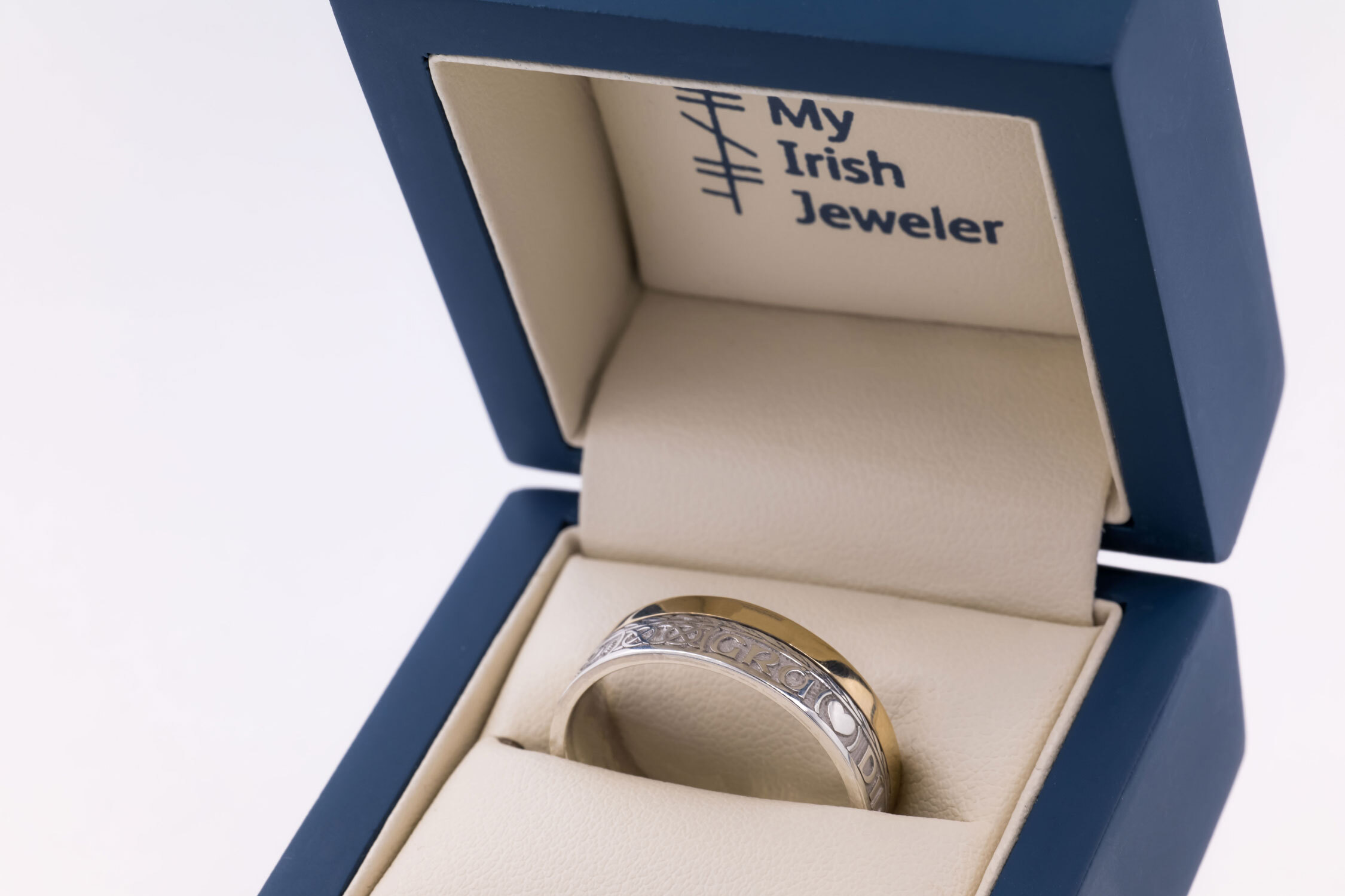 Irish White Gold & Yellow Gold Gaelic 7.3mm Ring. In Luxury Packaging.