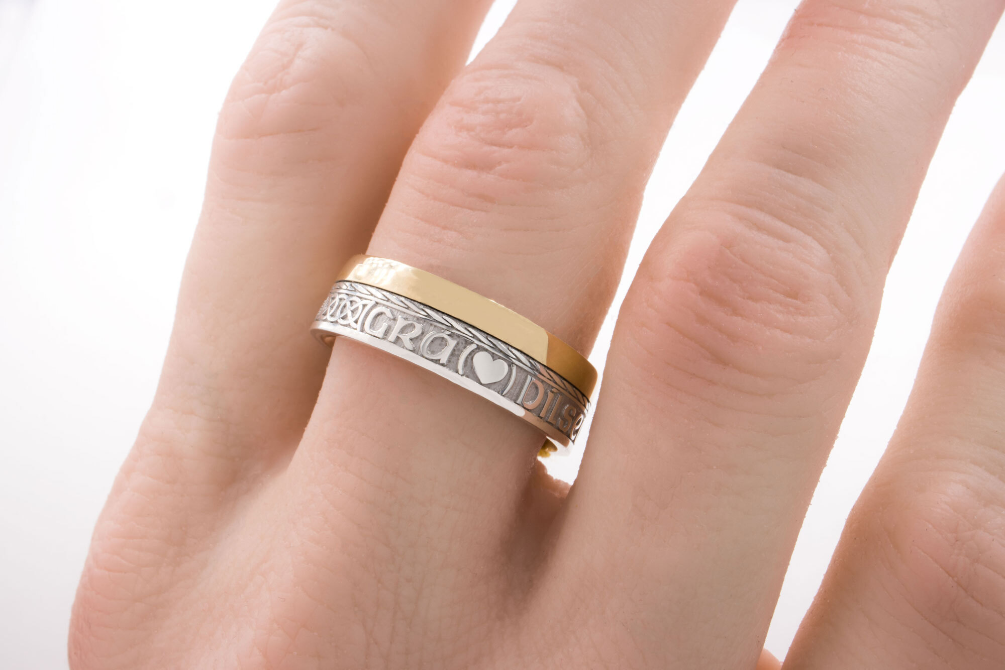 White Gold & Yellow Gold Gaelic Wedding Ring - Model Photo
