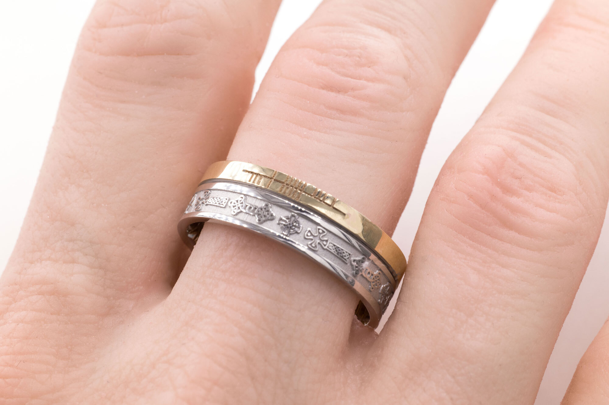 10K White Gold & Yellow Gold Celtic Cross & Ogham 7.3mm Ring - Model Photo