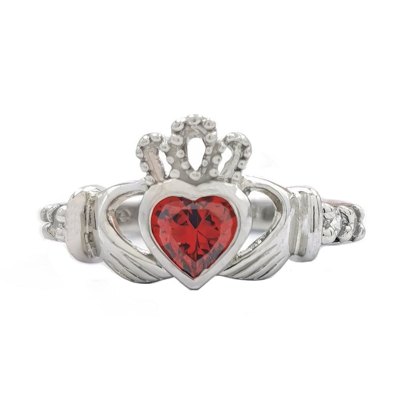Sterling Silver Birthstone Claddagh Ring with Love, Loyalty, Friendship Engraving