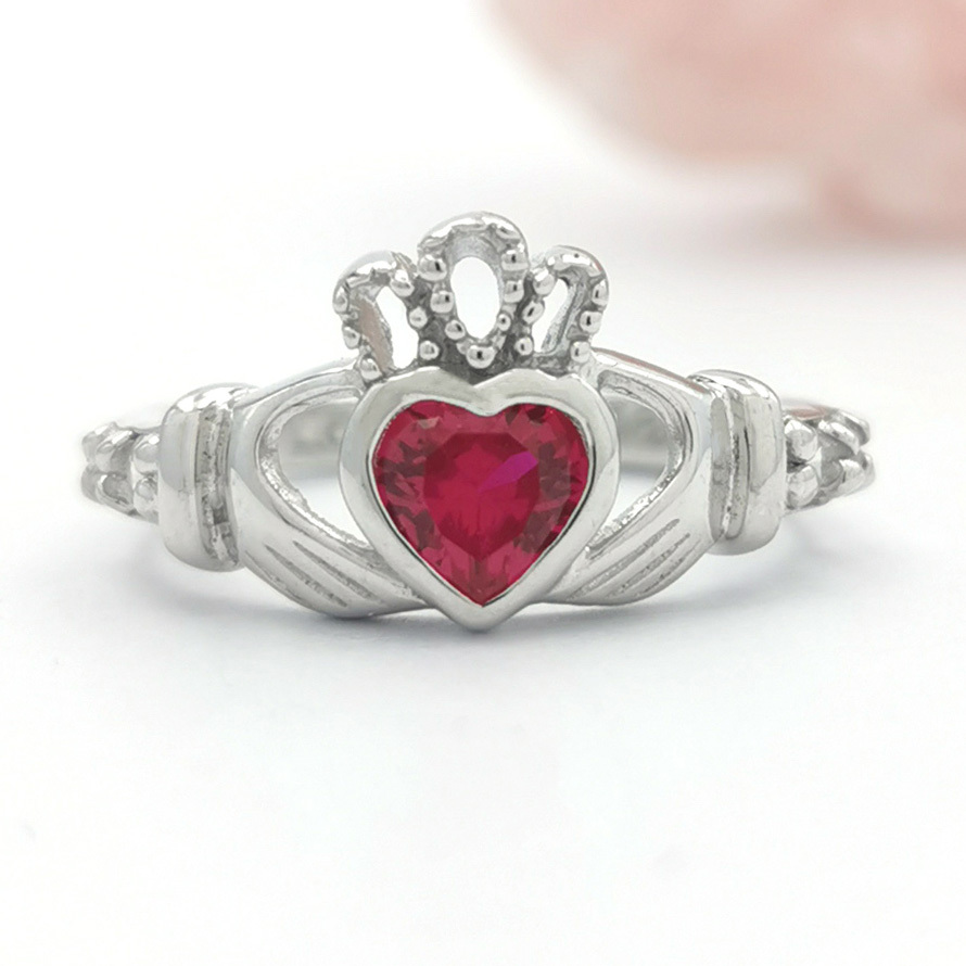 Sterling Silver Birthstone Claddagh Ring with Love, Loyalty, Friendship Engraving