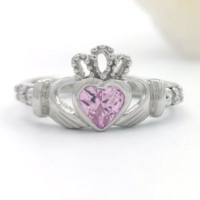 Sterling Silver Birthstone Claddagh Ring with Love, Loyalty, Friendship Engraving