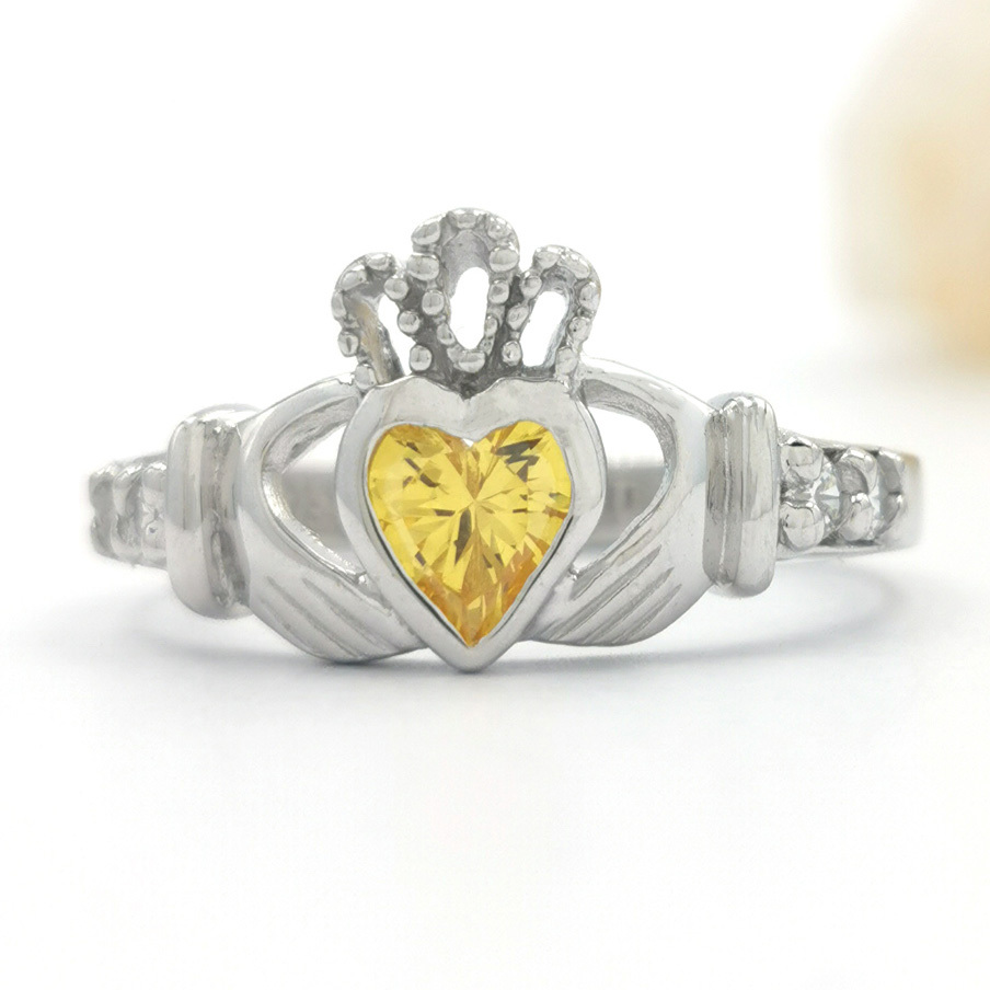 Sterling Silver Birthstone Claddagh Ring with Love, Loyalty, Friendship Engraving