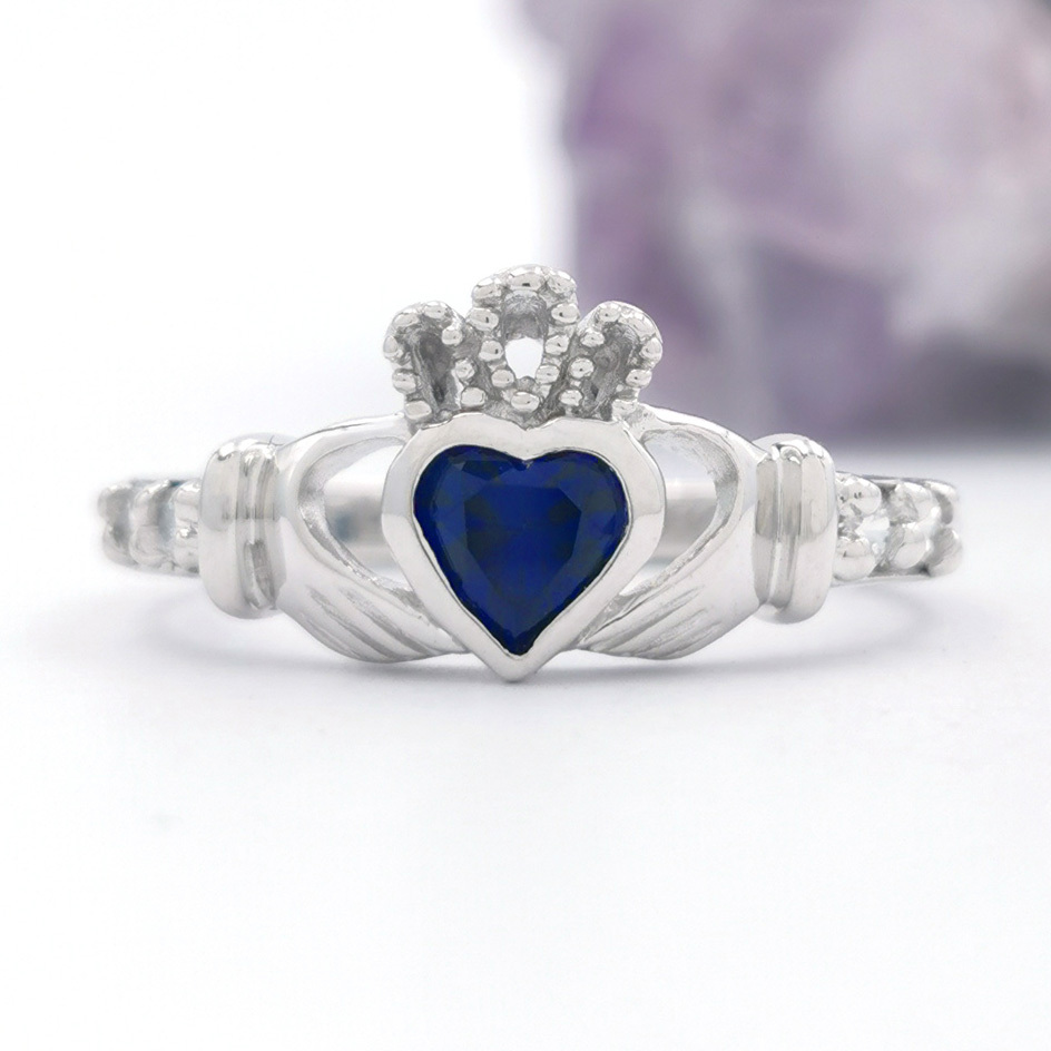 White gold claddagh store ring with birthstone