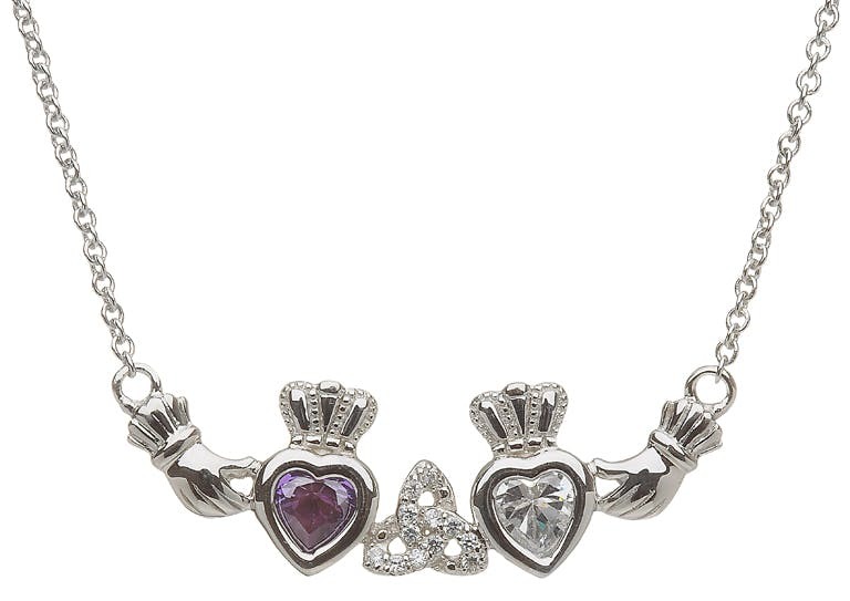 Womens Genuine Sterling Silver Claddagh & Celtic Knot & Trinity Knot & Birthstone Necklace